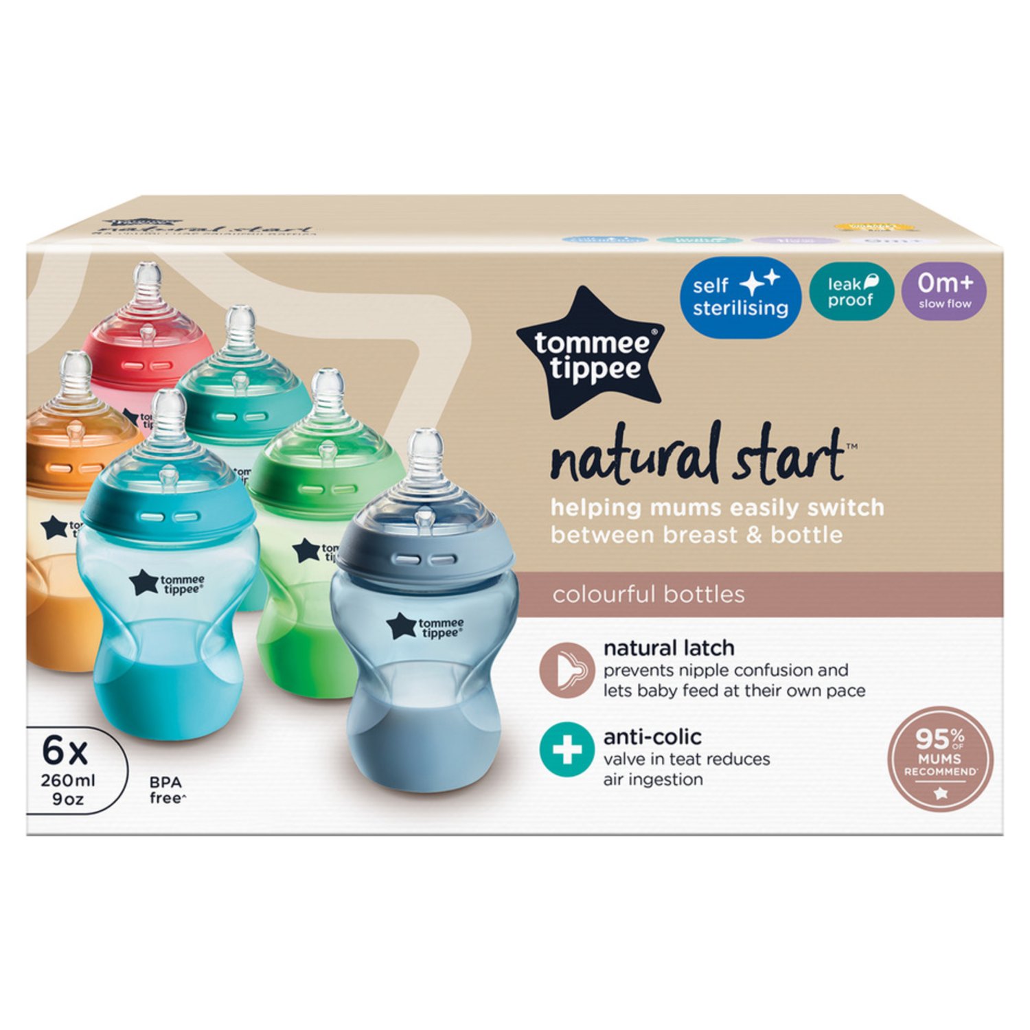 Tommee Tippee Closer To Nature Bright Bottles Anti-Colic (6 Piece)