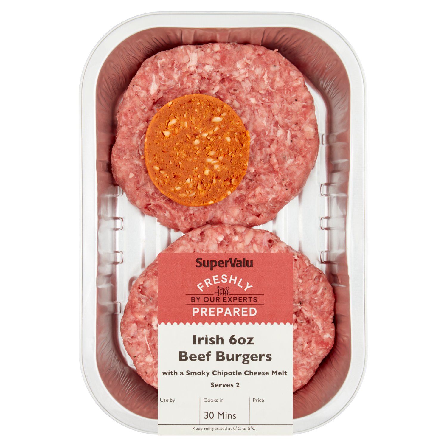 SuperValu Freshly Prepared Irish 6oz Beef Burgers Smokey Chipotle Cheese Melts (0.4 kg)