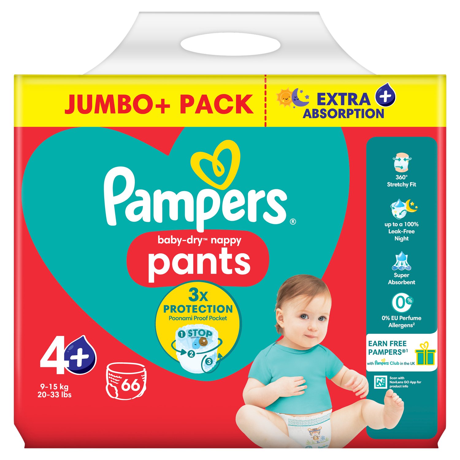 Pampers Baby-Dry Nappy Pants Size 4+ Jumbo+ Pack (66 Piece)