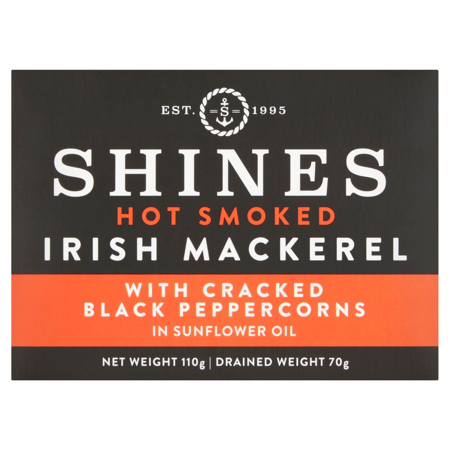 Shines Hot Smoked Irish Mackerel with Cracked Black Peppercorns in Sunflower Oil (110 g)