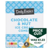 Daily Basics Chocolate & Nut Ice Cream Cones 4 Pack (110 ml)