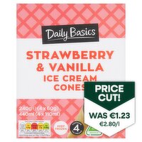 Daily Basics Strawberry & Vanilla Ice Cream Cones 4 Pack (110 ml)