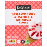 Daily Basics Strawberry & Vanilla Ice Cream Cones 6 Pack (110 ml)
