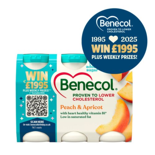 Benecol No Added Sugar Peach & Apricot Yogurt Drink 6 Pack  (405 g)