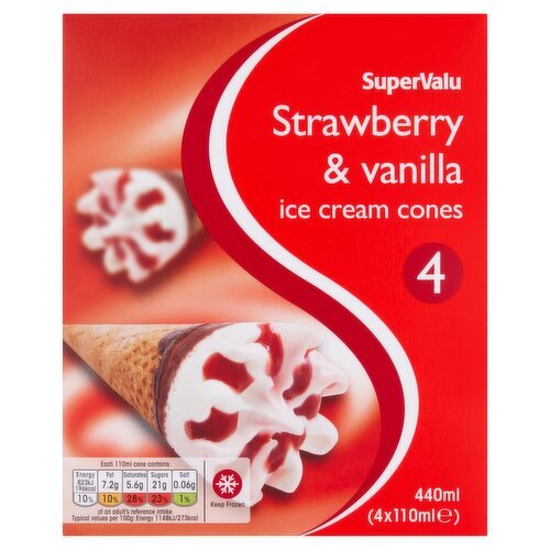SuperValu Strawberry and Vanilla Ice Cream Cones 4 Pack (110 ml)