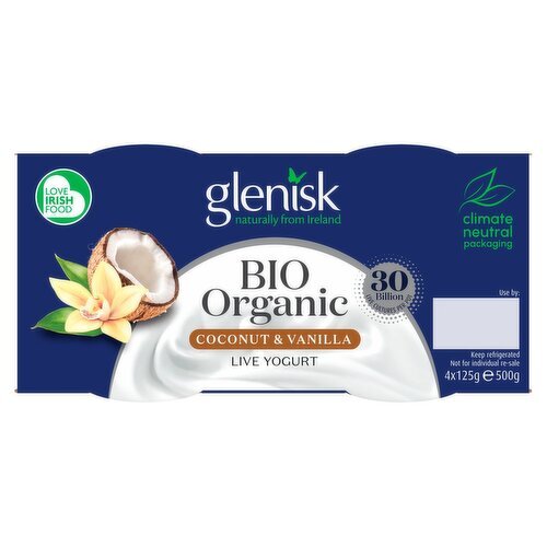 Glenisk Organic Bio Coconut And Vanilla Yogurt 4 Pack (125 g)