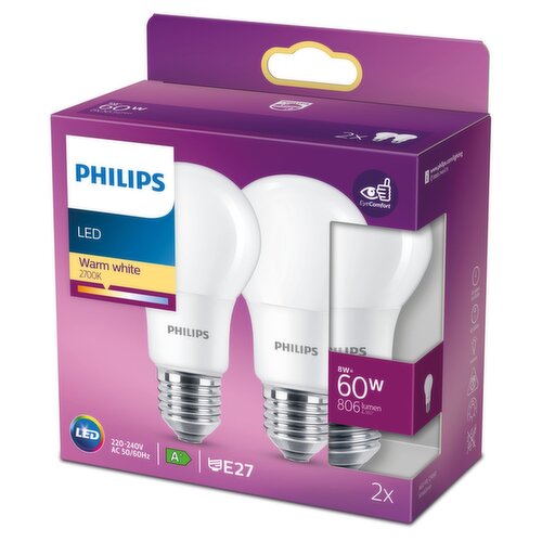 Philips LED 60W E27 Warm White Light Bulbs 2 Pack  (2 Piece)