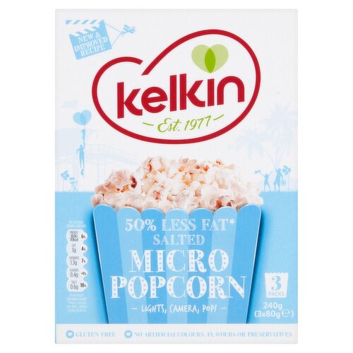 Kelkin Microwave 50% Less Fat Salted Popcorn 3 Pack (90 g)