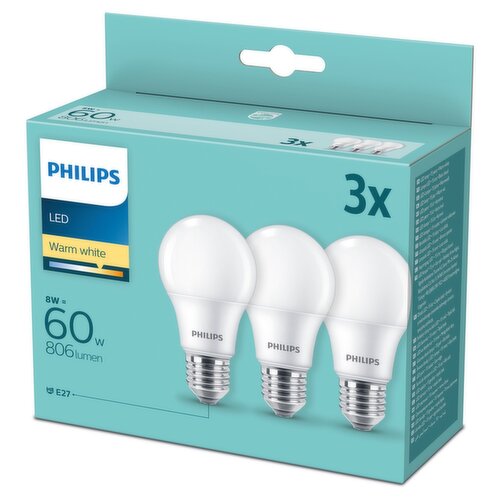 Philips LED 60W E27 Warm White Light Bulbs 3 Pack  (3 Piece)