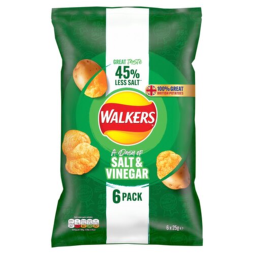 Walkers Salt & Vinegar Less Salt Crisps 6 Pack (25 g)