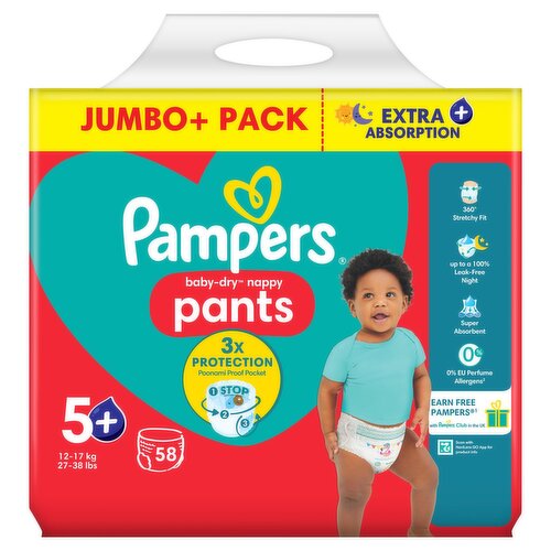 Pampers Baby-Dry Nappy Pants Size 5+ Jumbo+ Pack (58 Piece)