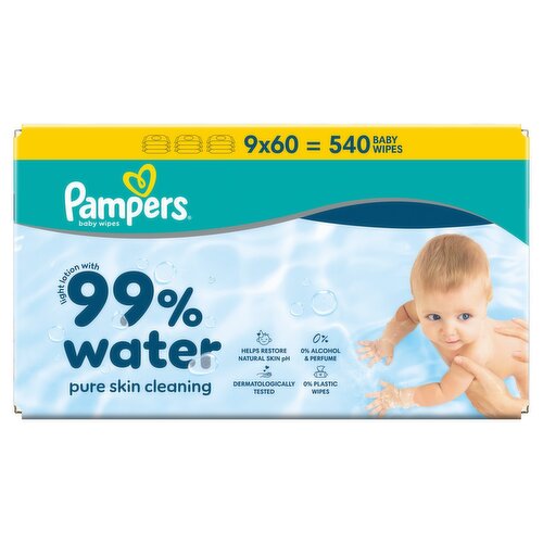 Pampers 99% Water Baby Wipes 9 Pack (60 Piece)