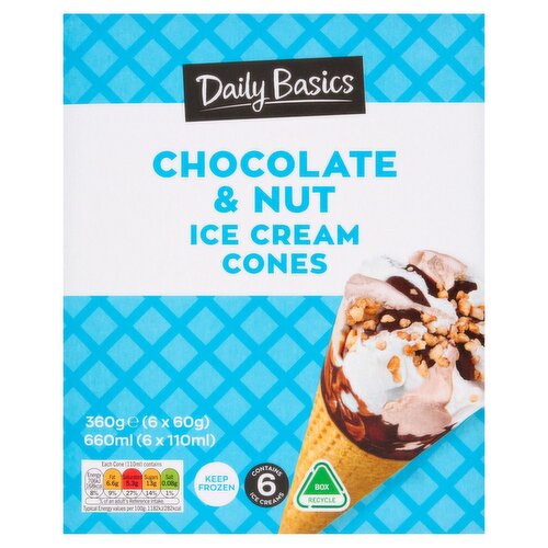 Daily Basics Chocolate & Nut Ice Cream Cones 6 Pack (110 ml)