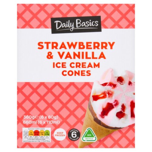 Daily Basics Strawberry & Vanilla Ice Cream Cones 6 Pack (110 ml)